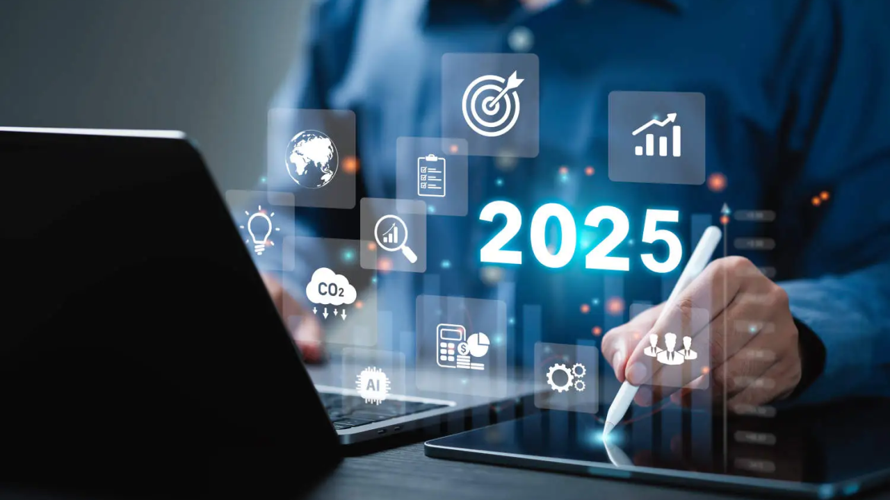 Person using laptop and tablet with stylus. Icons and text "2025" are overlayed.