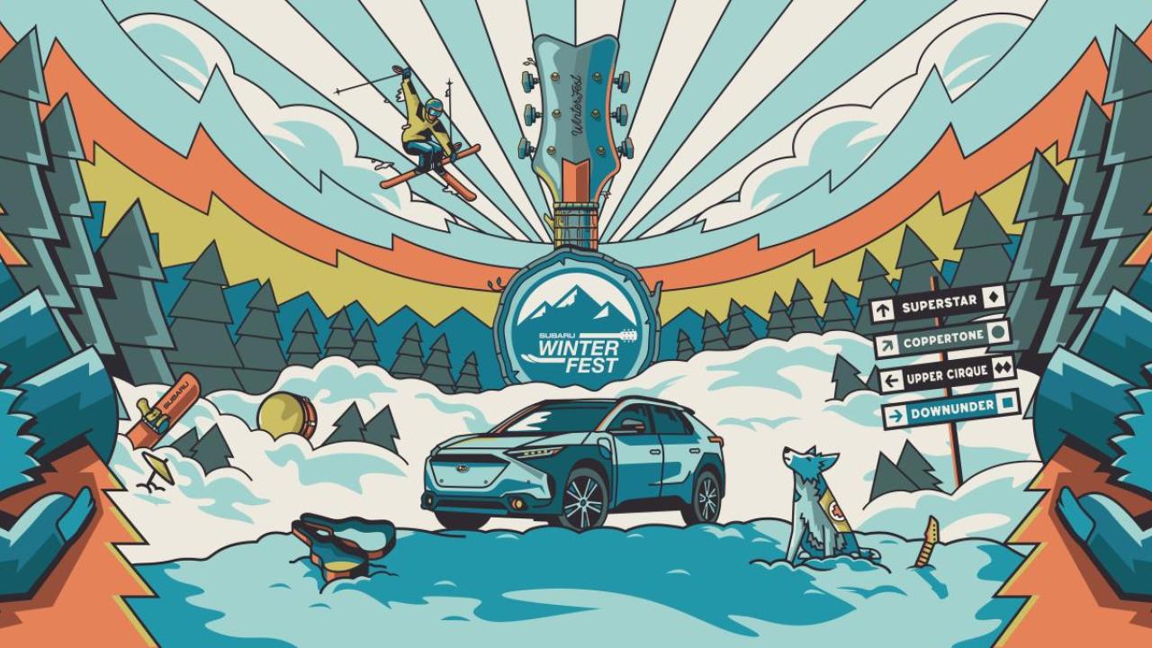 poster for event with skiing and a Subaru car