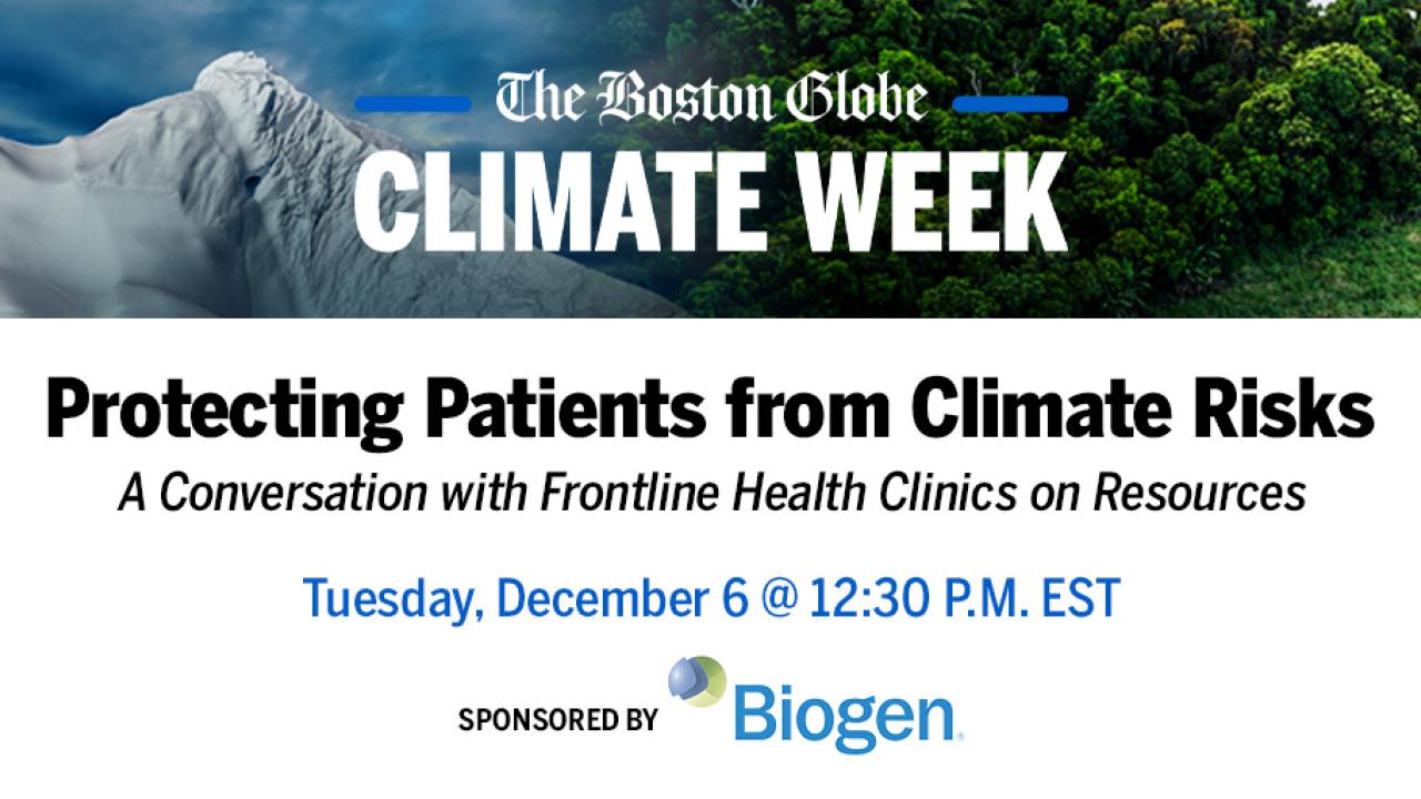 Image of iceberg and forest with text overlaid reading: "Protecting Patients from Climate Risks"