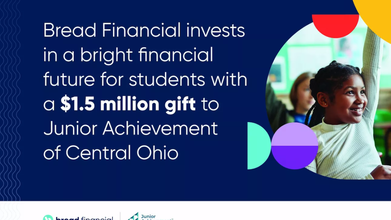 Student raising their hand next to text that reads: Bread Financial invest in a bright financial future for students with a $1.5 million gift to Junior Achievement of Central Ohio