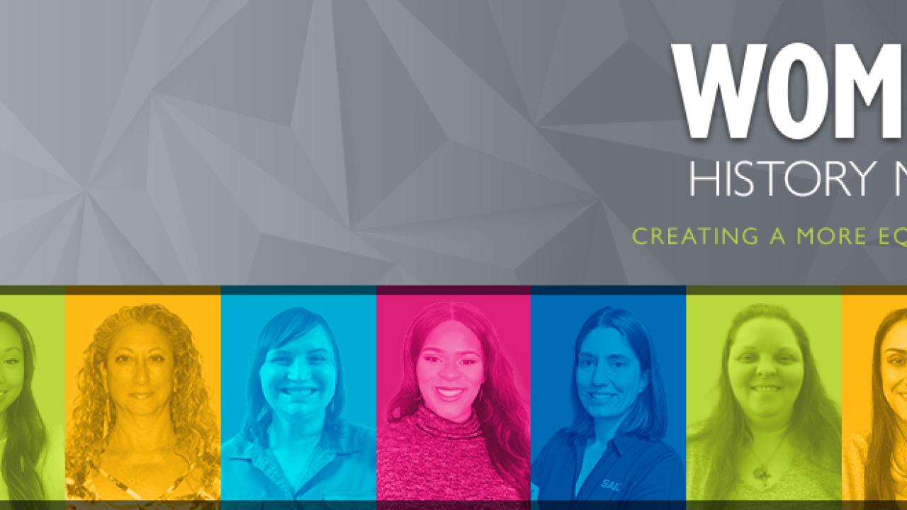 "BLAZING TRAILS FOR SUCCESS AND ACHIEVEMENT, Women's History Month Creating a more equal tomorrow" with all of the headshots of the women