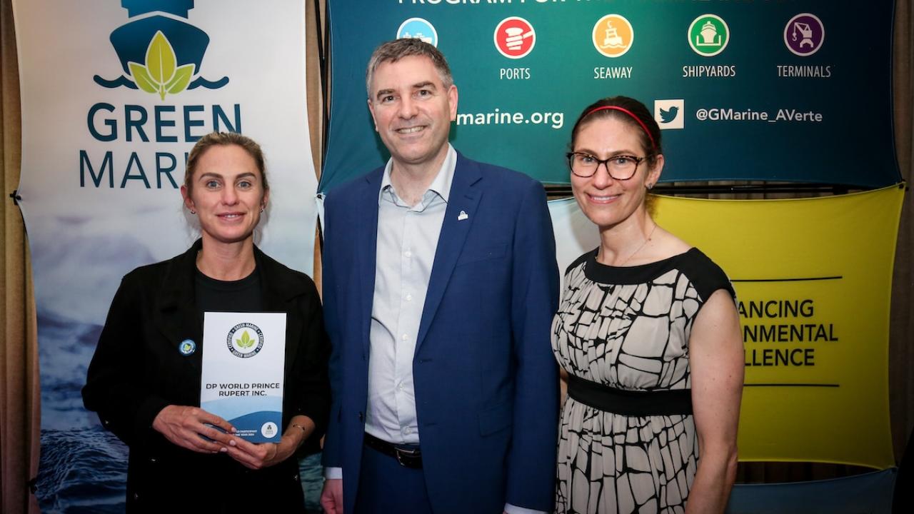 (left to right) Bronwyn Pountney (Environment Manager, DP World), David Bolduc (President and CEO of Green Marine), and Eleanor Kirtley (Senior Program Manager, Green Marine) accepting Green Marine recertification for Prince Ruport Port.