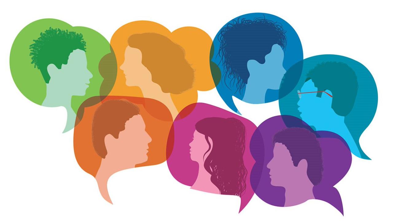 people in colorful thought bubbles