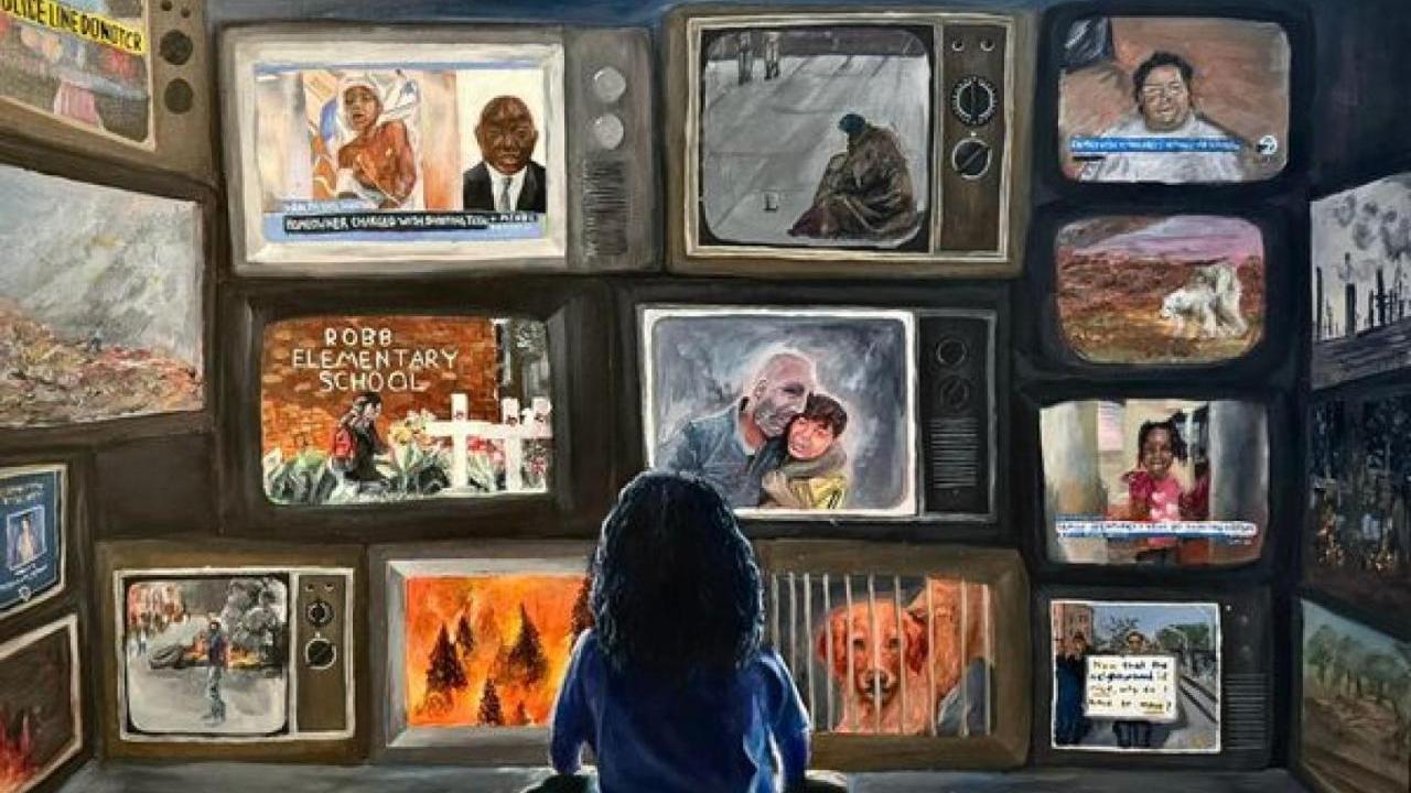 Artwork of a child watching multiple televisions