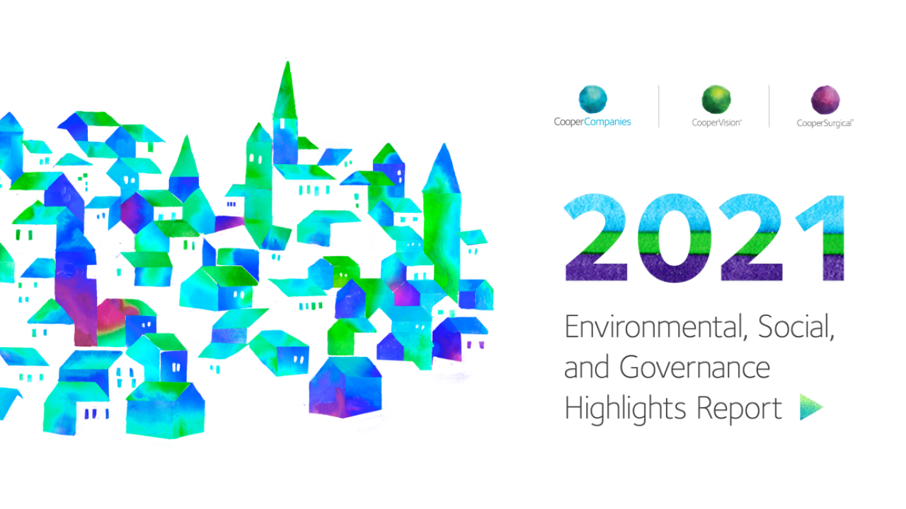 2021 CooperCompanies ESG highlights Report cover. Illustration of watercolor city