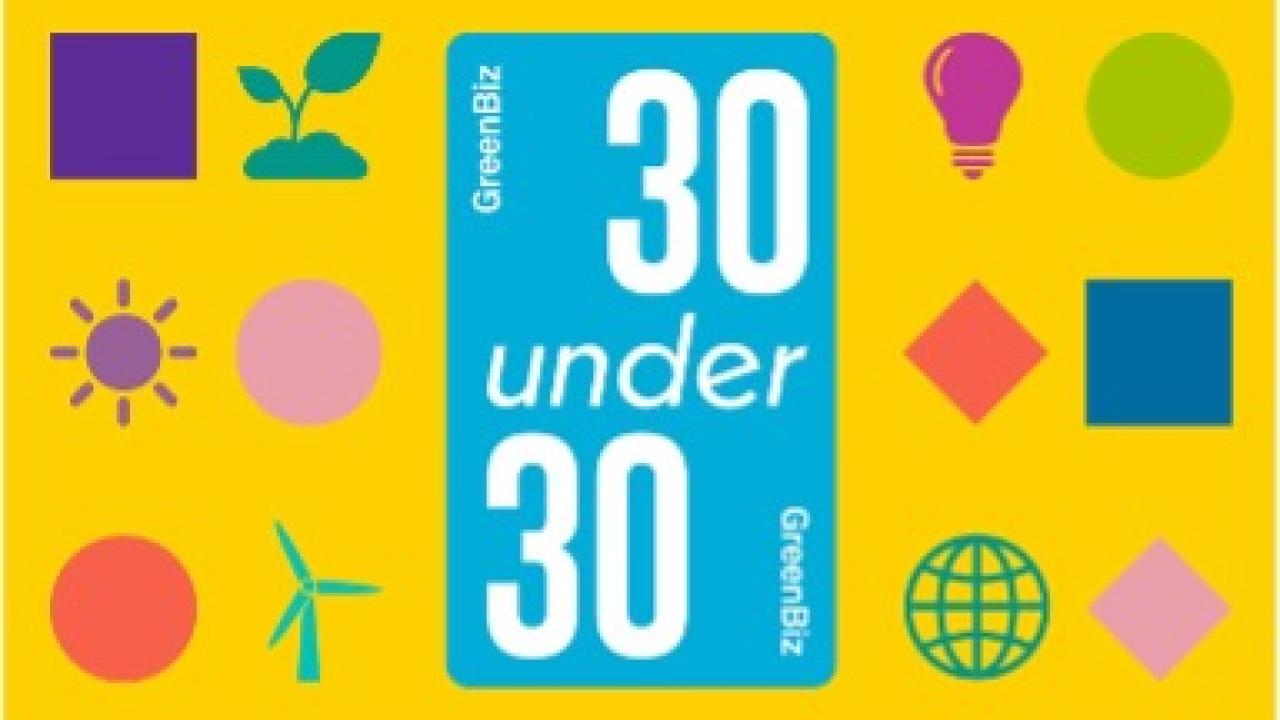 a yellow background with the words "30 Under 30" from Greenbiz is surrounded by shapes and graphics such as the sun and globe.