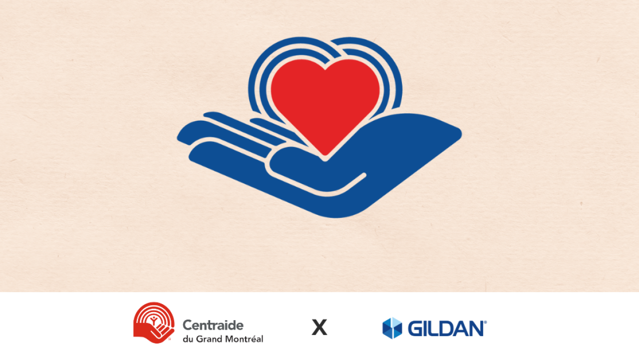 A blue hand holding a read heart, against a beige background, featuring the Centraide and Gildan logos at the bottom