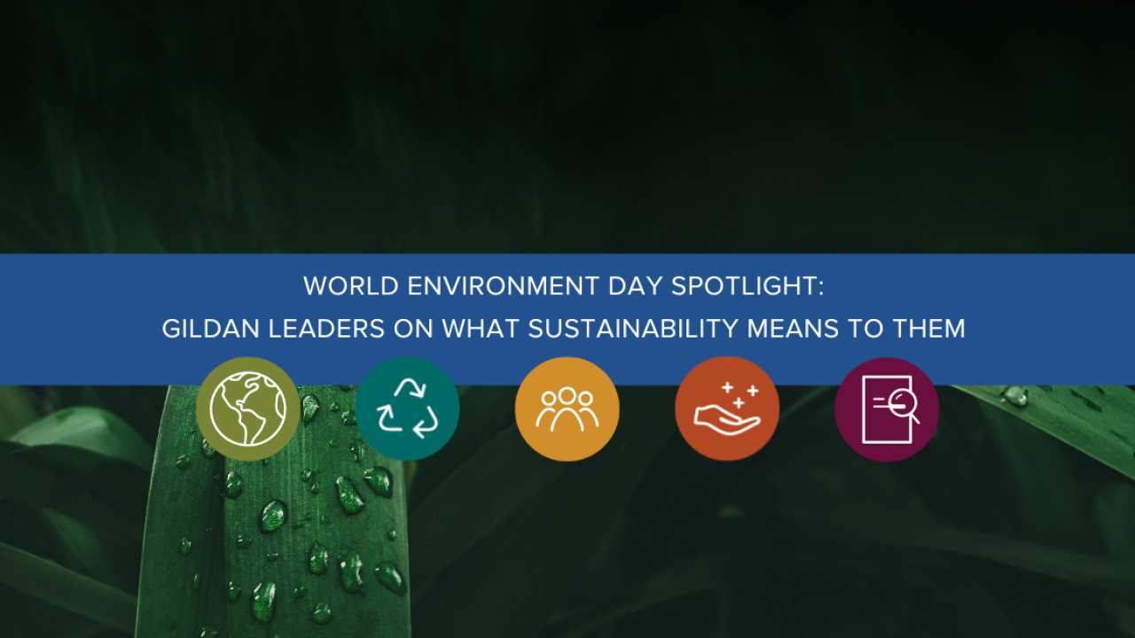  "World Environment Day Spotlight: Gildan Leaders on What Sustainability Means to Them" text on a backdrop featuring fresh leaves, and Gildan's five ESG icons