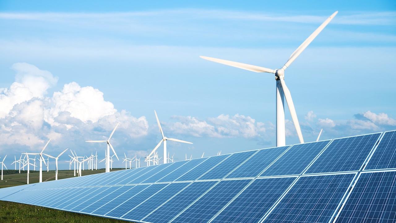 Solar panel array and windmills.