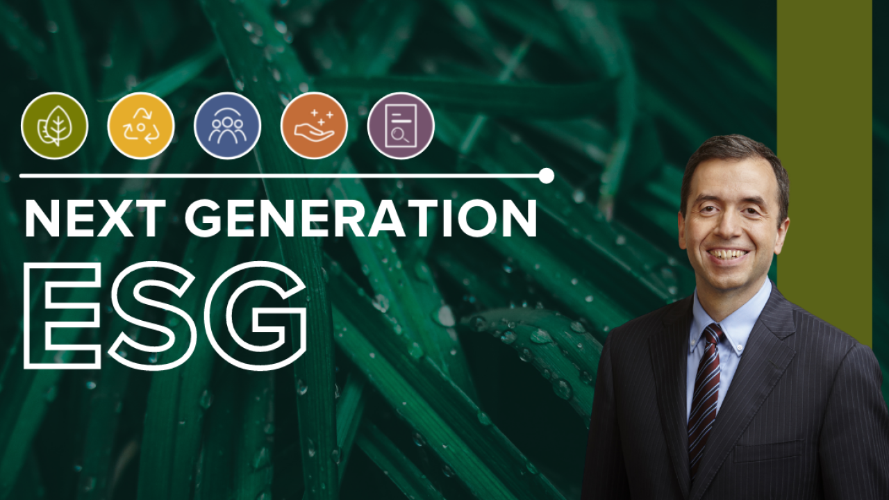 Peter Iliopoulos, SVP, Taxation, Sustainability, and Governmental Affairs at Gildan. Graphic reads: NEXT GENERATION ESG