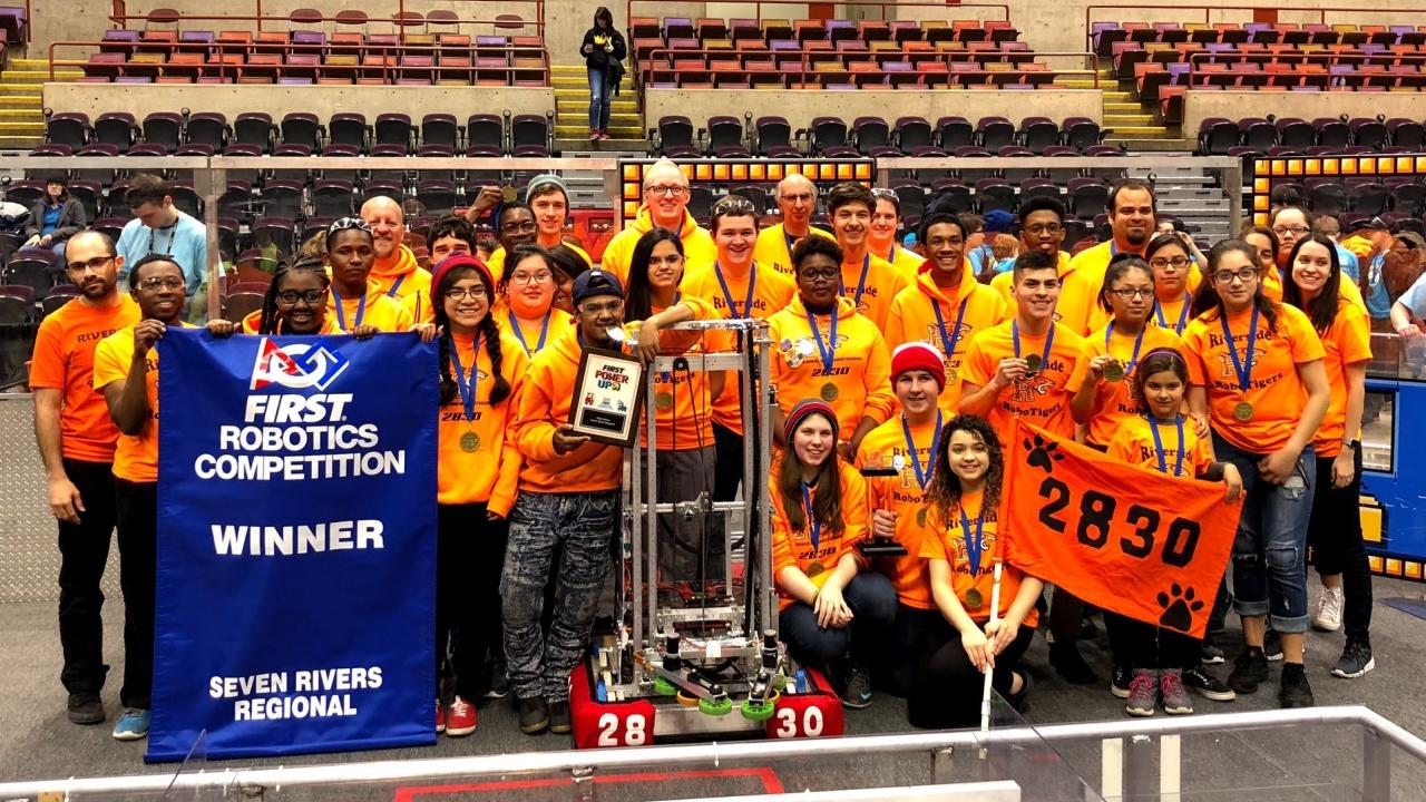 Members of the Rockwell-sponsored FIRST® Robotics Competition Riverside RoboTigers Team 2830.
