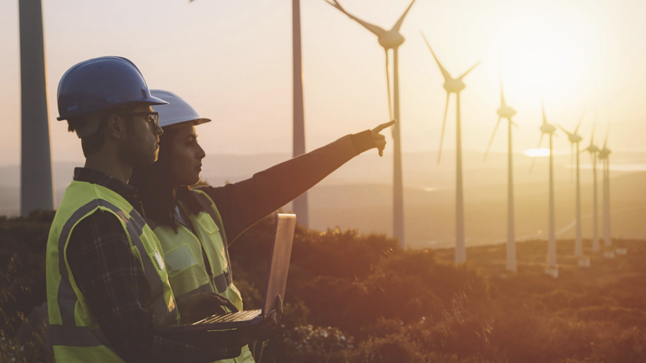 Two team members in a field with windmills at sunset.