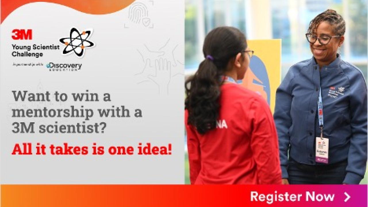 Two people smiling with "Want to win a mentorship with a 3M scientist? All it takes is one idea!"