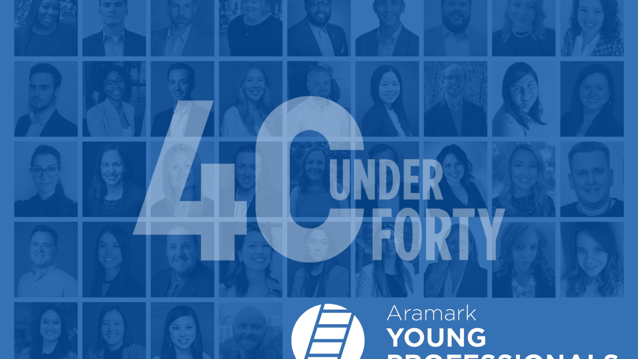 Headshot lockup of 40 award winners with a blue overlay. On top of the headshots is text reading, “40 under 40”. Aramark Young Professionals logo is at the bottom right corner.