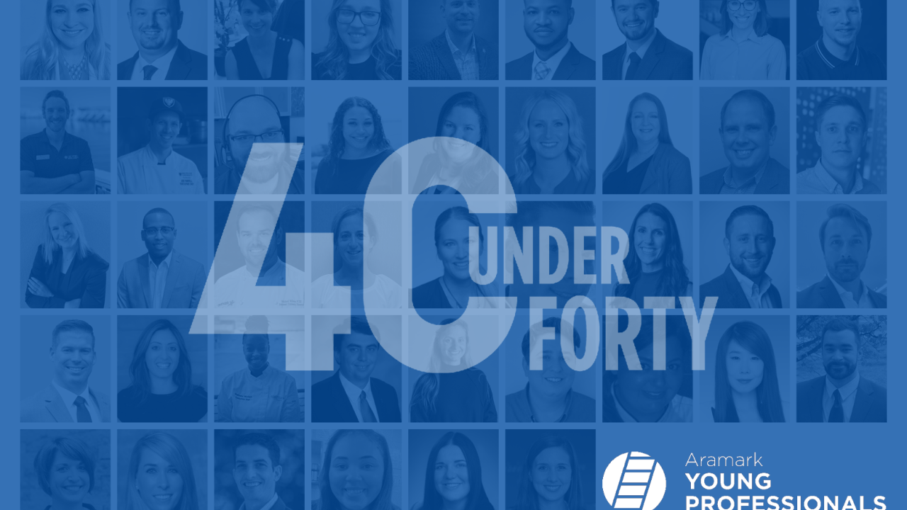 42 Aramark headshots with blue overlay. Text reading, “40 Under 40” and “Aramark Young Professionals”