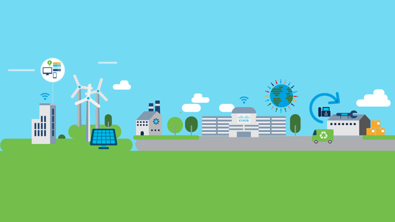 abstract image of a small town with buildings, windmills, solar panels