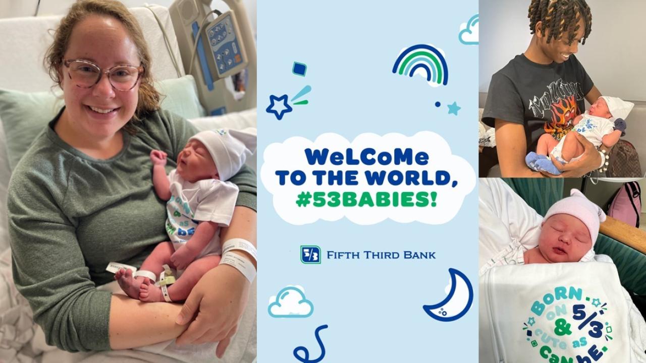 Photos of parents holding newborns and text reading, "Welcome to the world, #53Babies!"