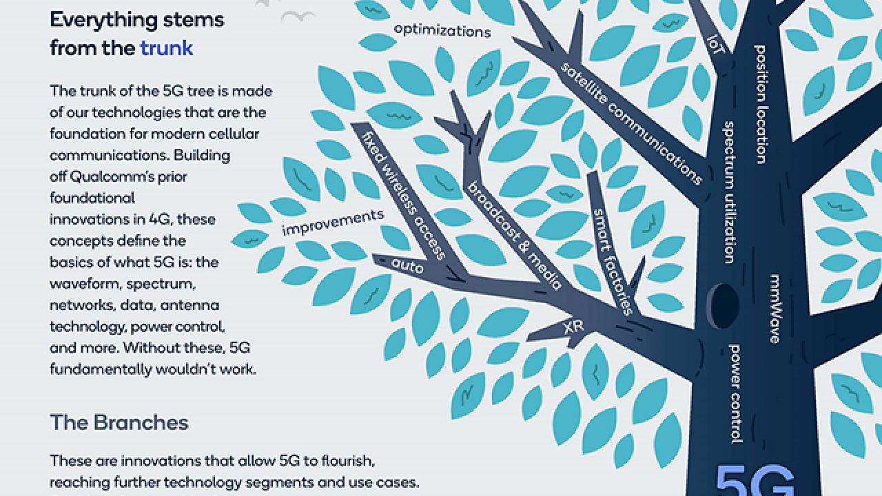 Info graphic "Discovering the true leader of 5G with Qualcomm" Excerpts from the article written on the left and a tree with different categories on the right, 4G at the base, 5G in the middle of the trunk and different categories on the branches and leaves.