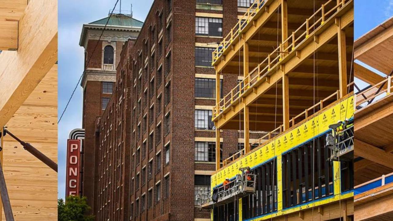 A collage of scenes of construction of the 619 Ponce building.