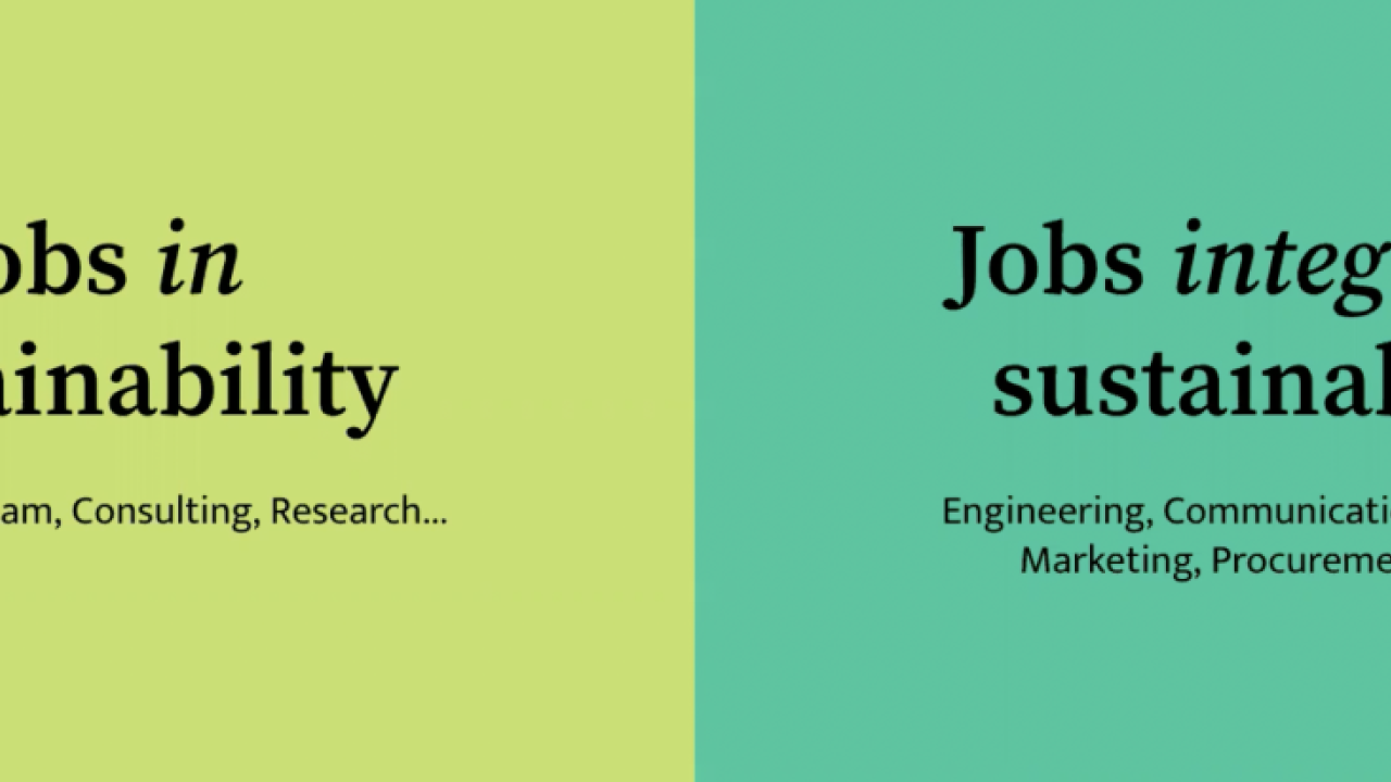 Graphic with two green squares one reading: Jobs in Sustainability and the other reading: Jobs integrating Sustainability