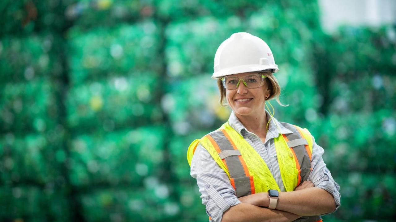 women in a construction helmet
