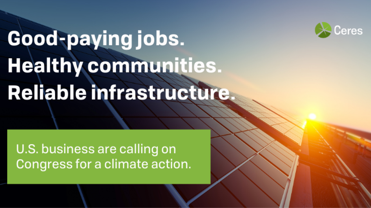 Solar panels. Image reads: Good-paying jobs. Healthy communities. Reliable infrastructure. 