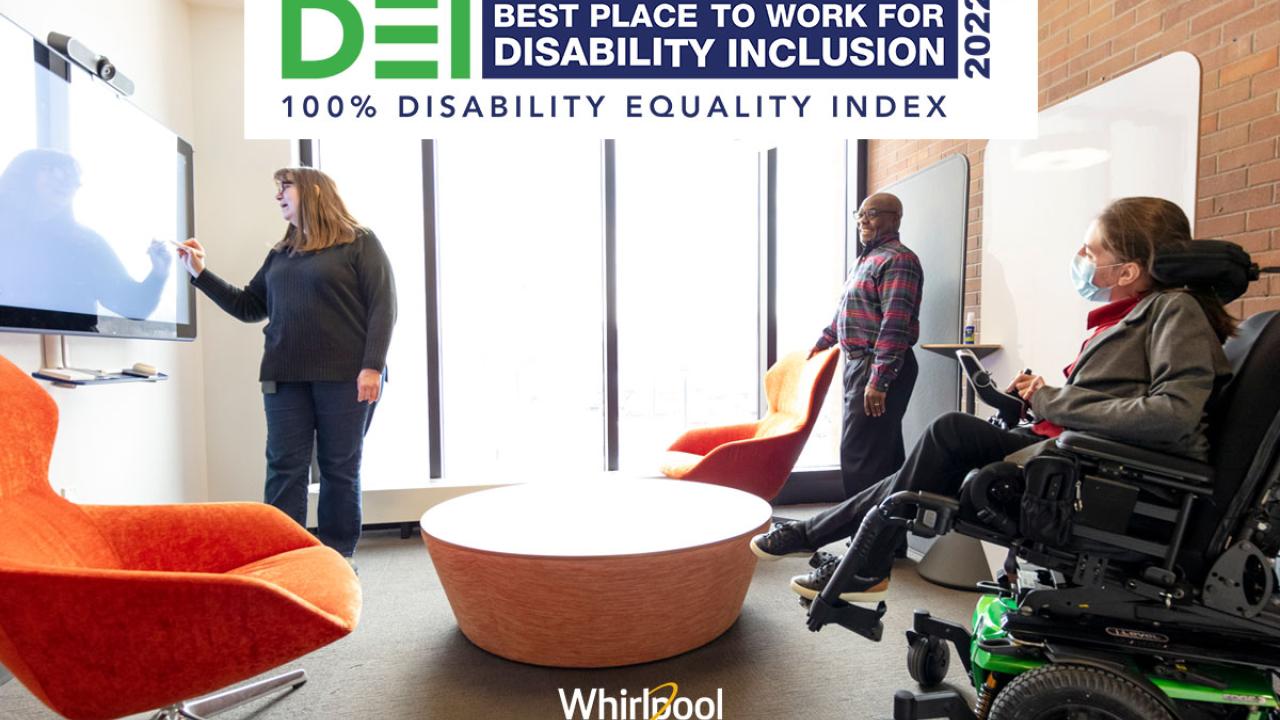 “Best Place To Work for Disability Inclusion” logo above 3 people meeting 