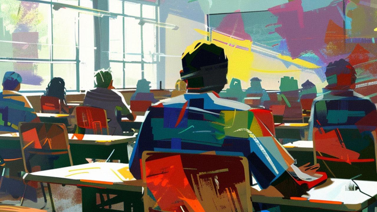 Painting of students in a classroom