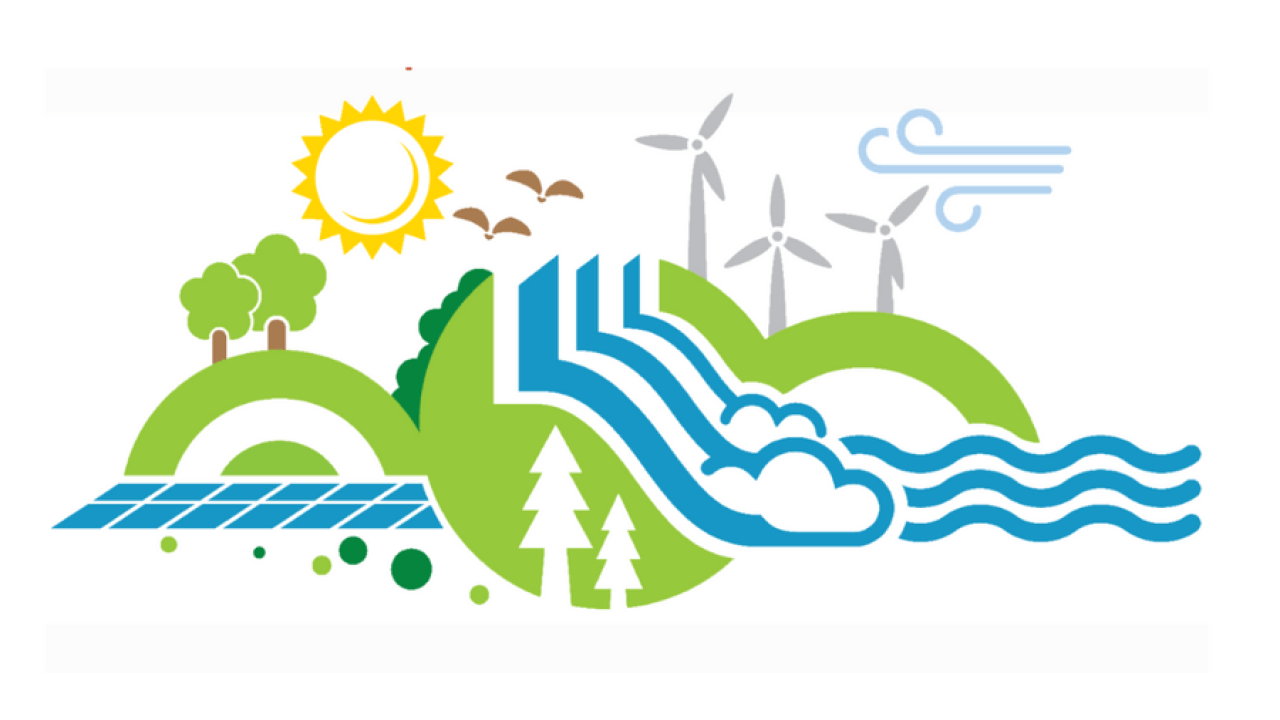 abstract image of the cycle of nature mingled with solar panels and windmills