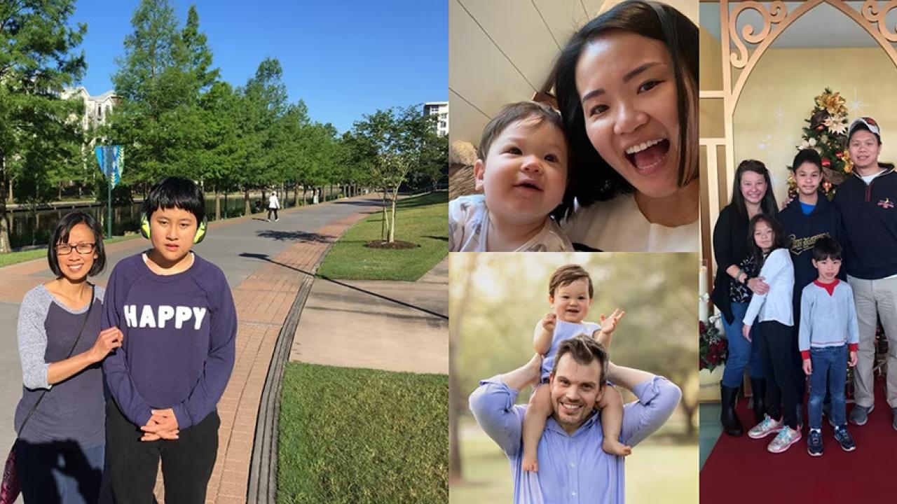 A collage of four photos of adults and kids.
