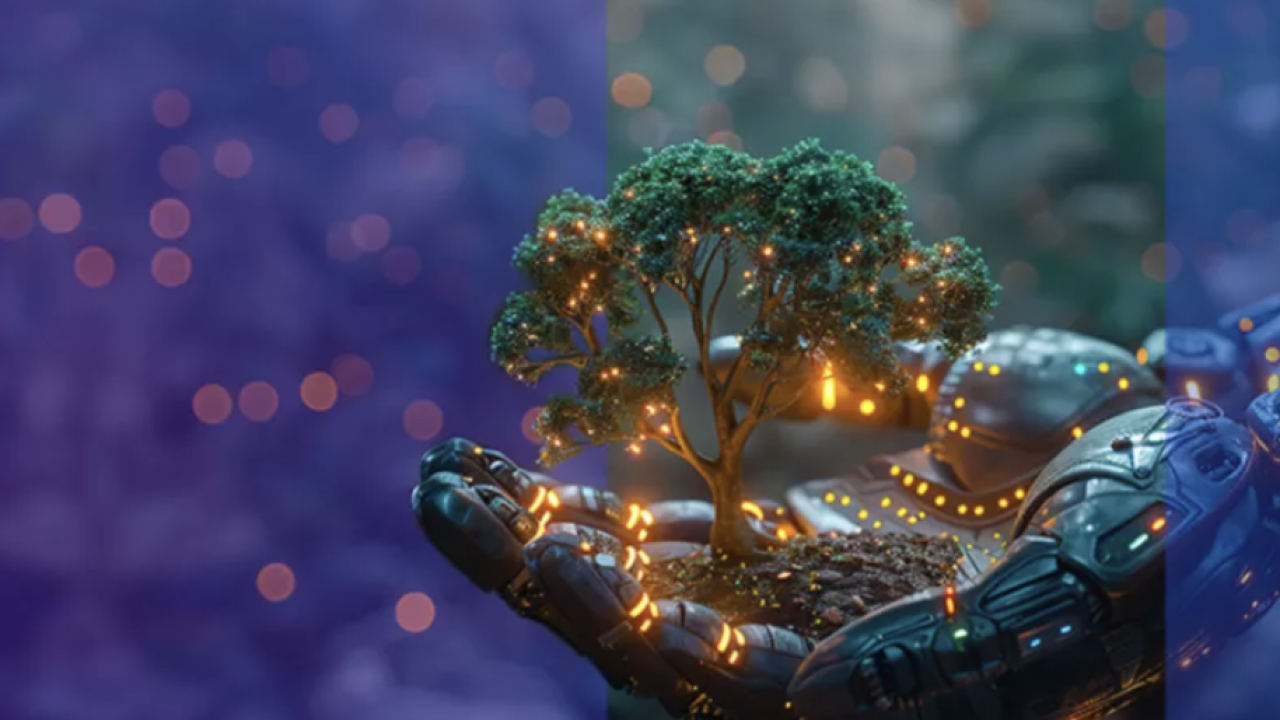 An AI image of a small tree growing in the palm of a robotic hand 