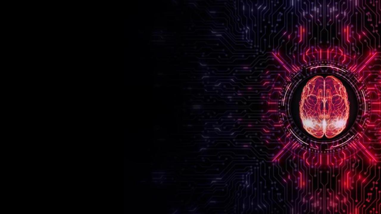 On a black background, a red digitized brain and circuits branching out.
