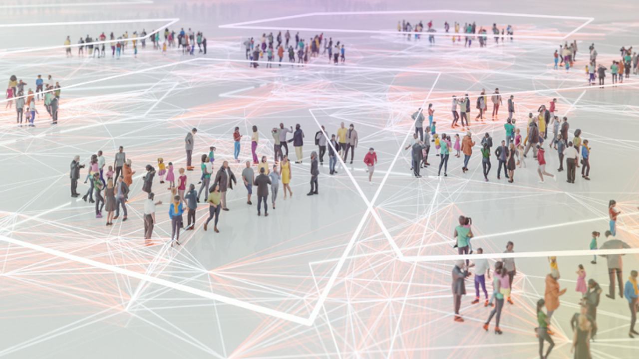 Open, flat, digital area with small groups of digitized people spread around.