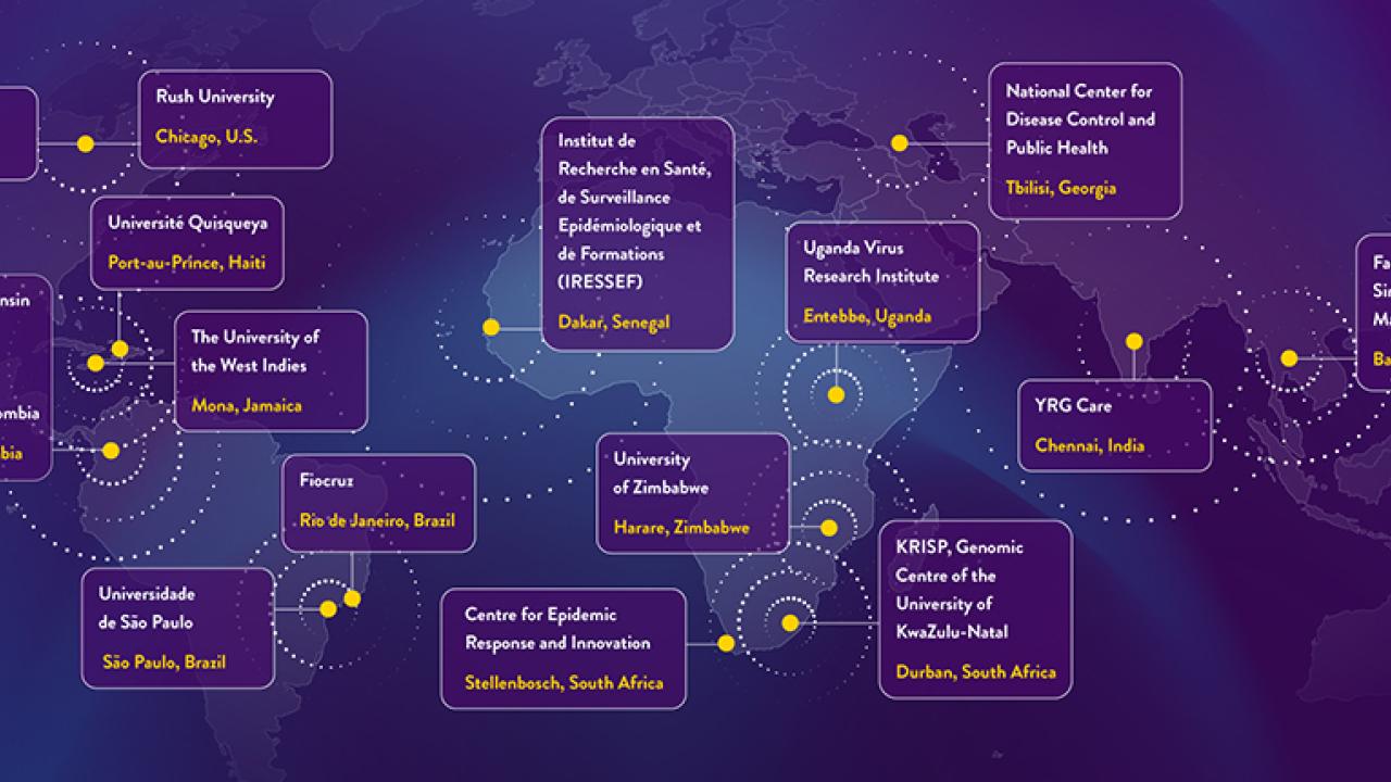 World map highlighting the 14 centers in the Abbott Pandemic Defense Coalition. They are spread over North and South America, Africa, Asia, and the Middle East