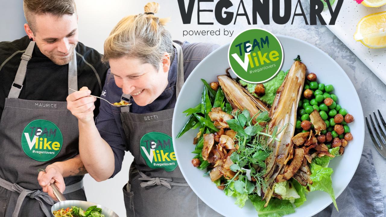 2 chefs sample vegan food. Next to them is a bowl of vegan food with text reading, “Veganuary”