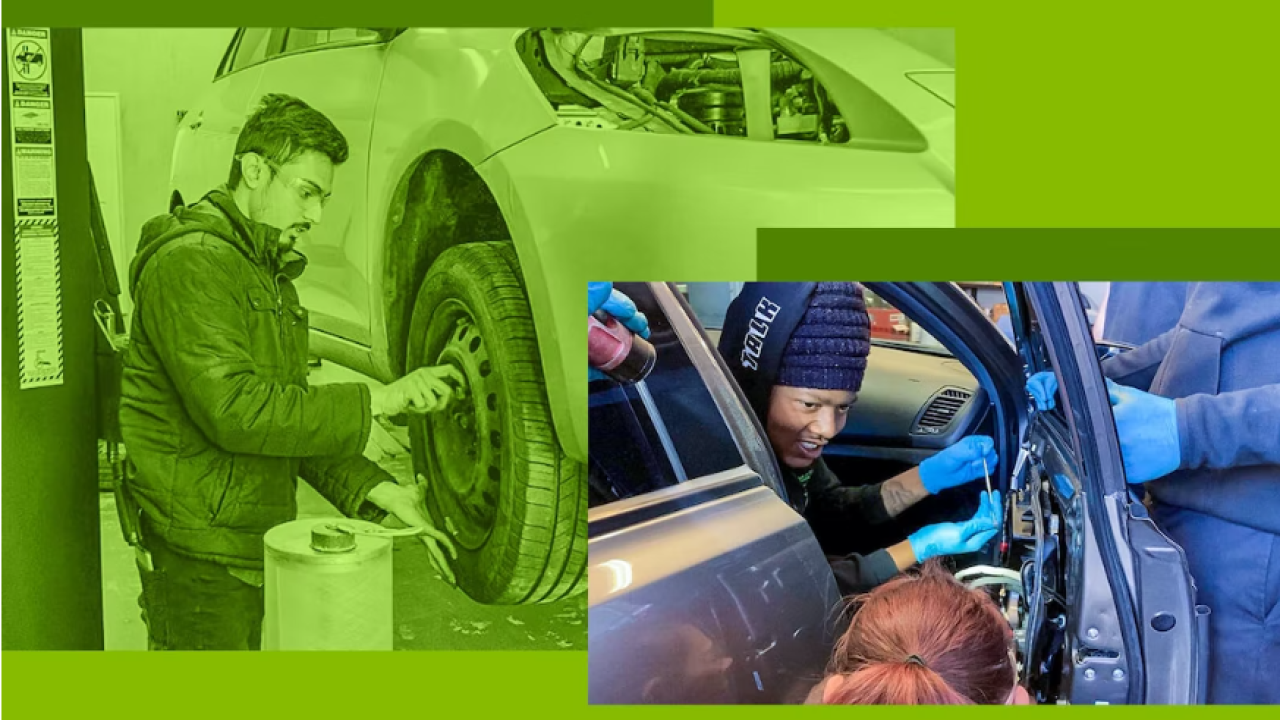 Collage of students working on vehicles