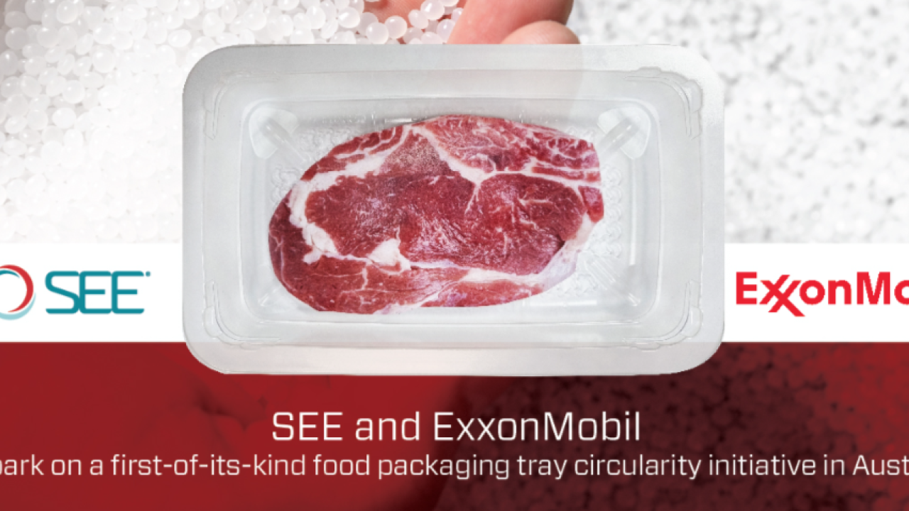 Fresh red meat in a packaged tray atop a background of white plastic resin