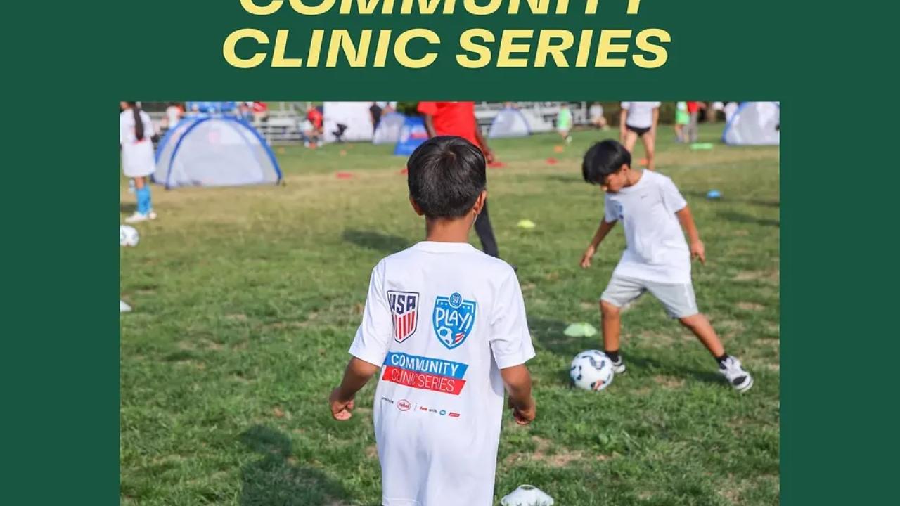"Community Clinic Series" above picture of two children playing soccer