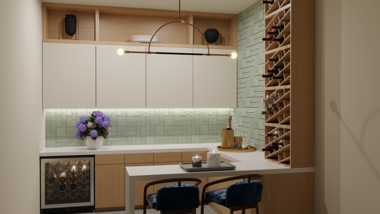 A staged room with wine cooler, bar, two chairs at a peninsula and wine storage on the right wall.