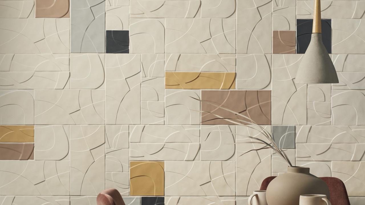 Image of multicolored tiles behind a table