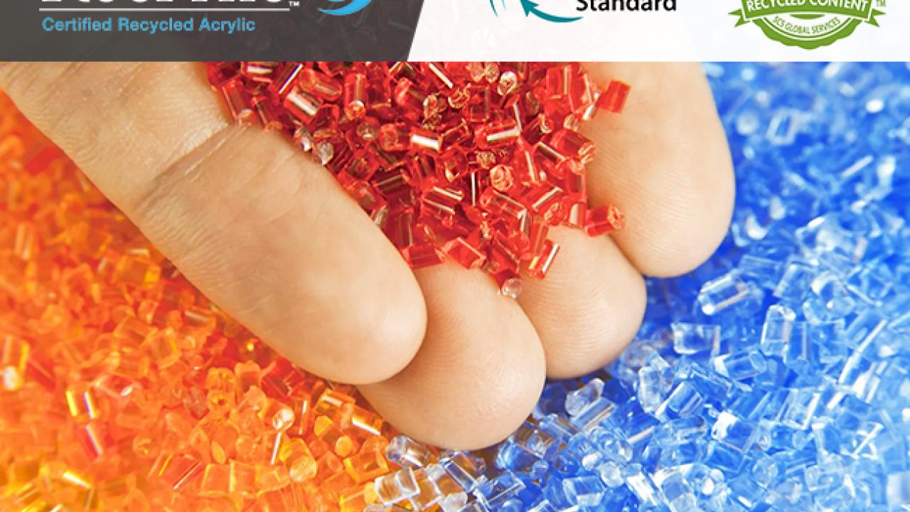 Recrylic and SCS Global Services logos over an image of a hand holding colorful, translucent beads of acrylic material
