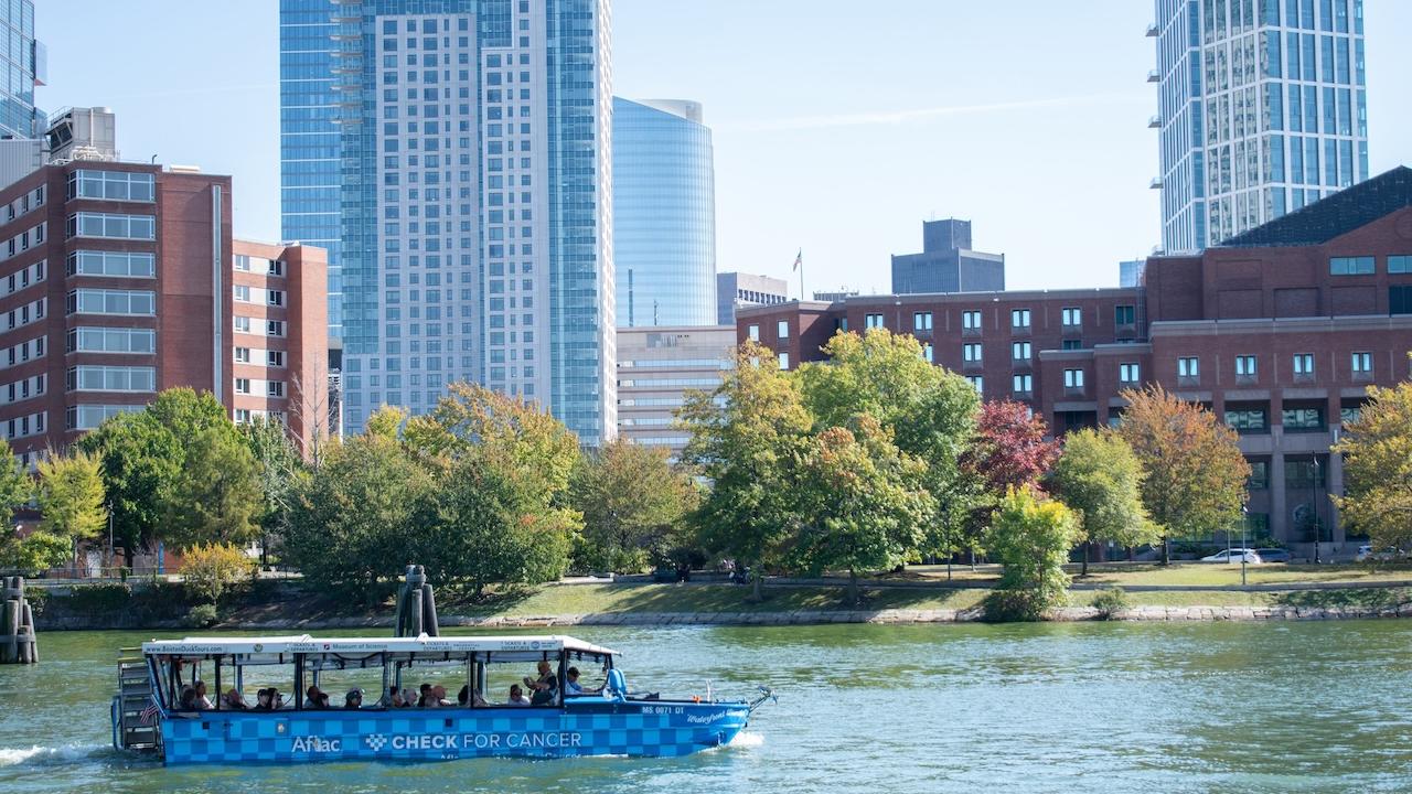 Boston Duck Tour on the Charles with Aflac checked for cancer.