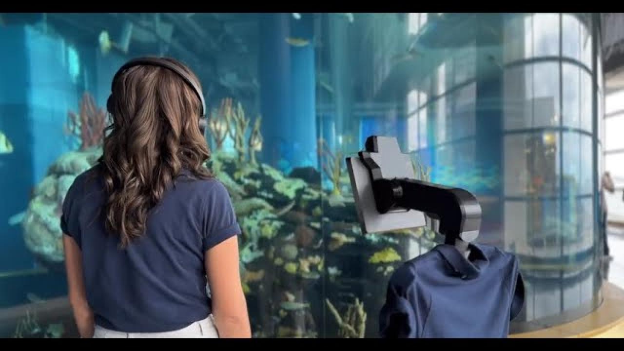 Young woman and a Robot looking into an aquarium.