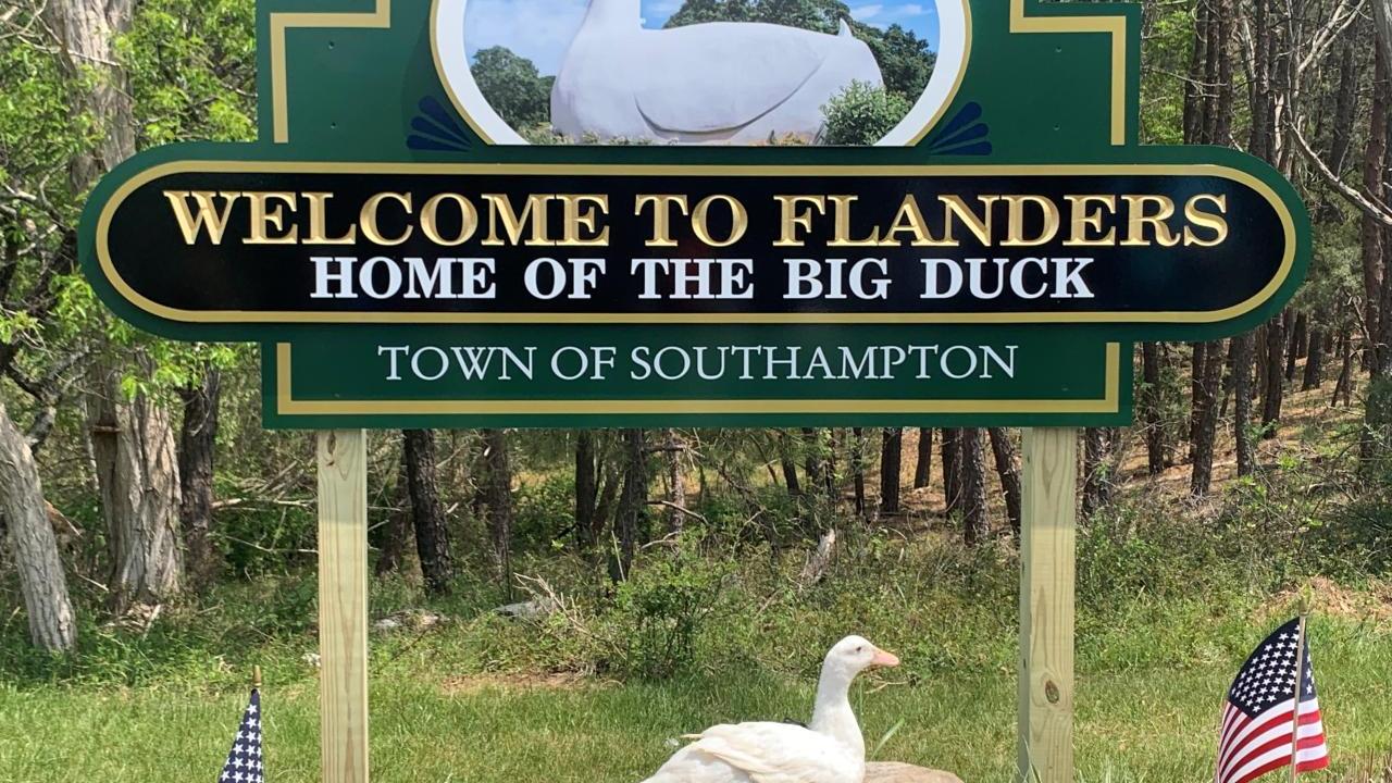 Welcome to Flanders; Home of the Big Duck sign.