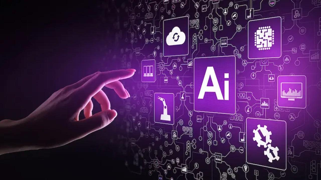 A hand reaching out to a purple digitized Ai button surrounded with other symbols.