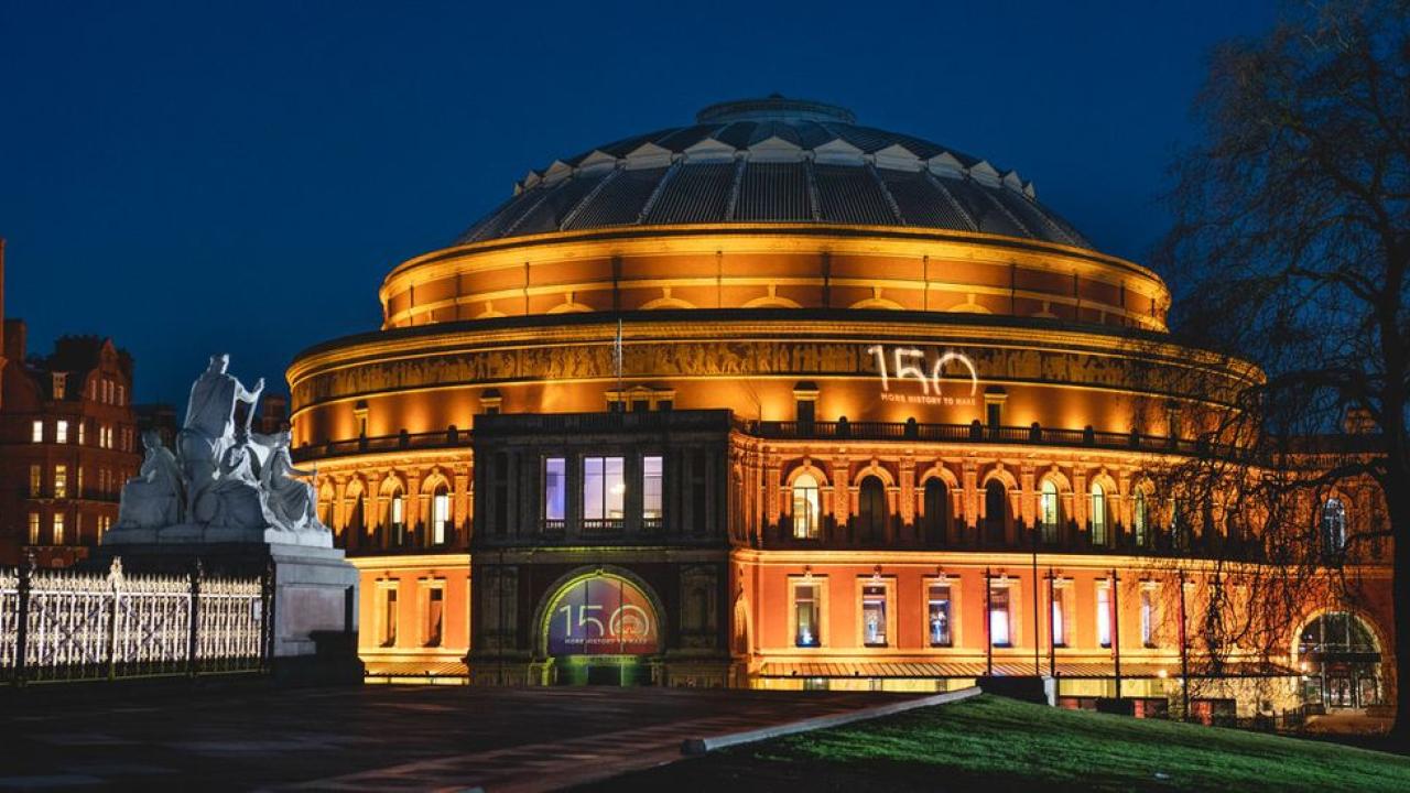 Nighttime outdoor photo of Albert Hall
