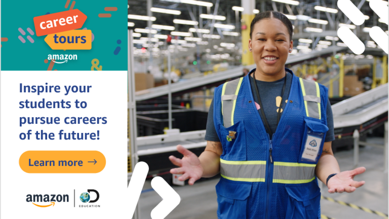 Amazon worker along side of text that reads: Inspire your students to pursue careers of the future!