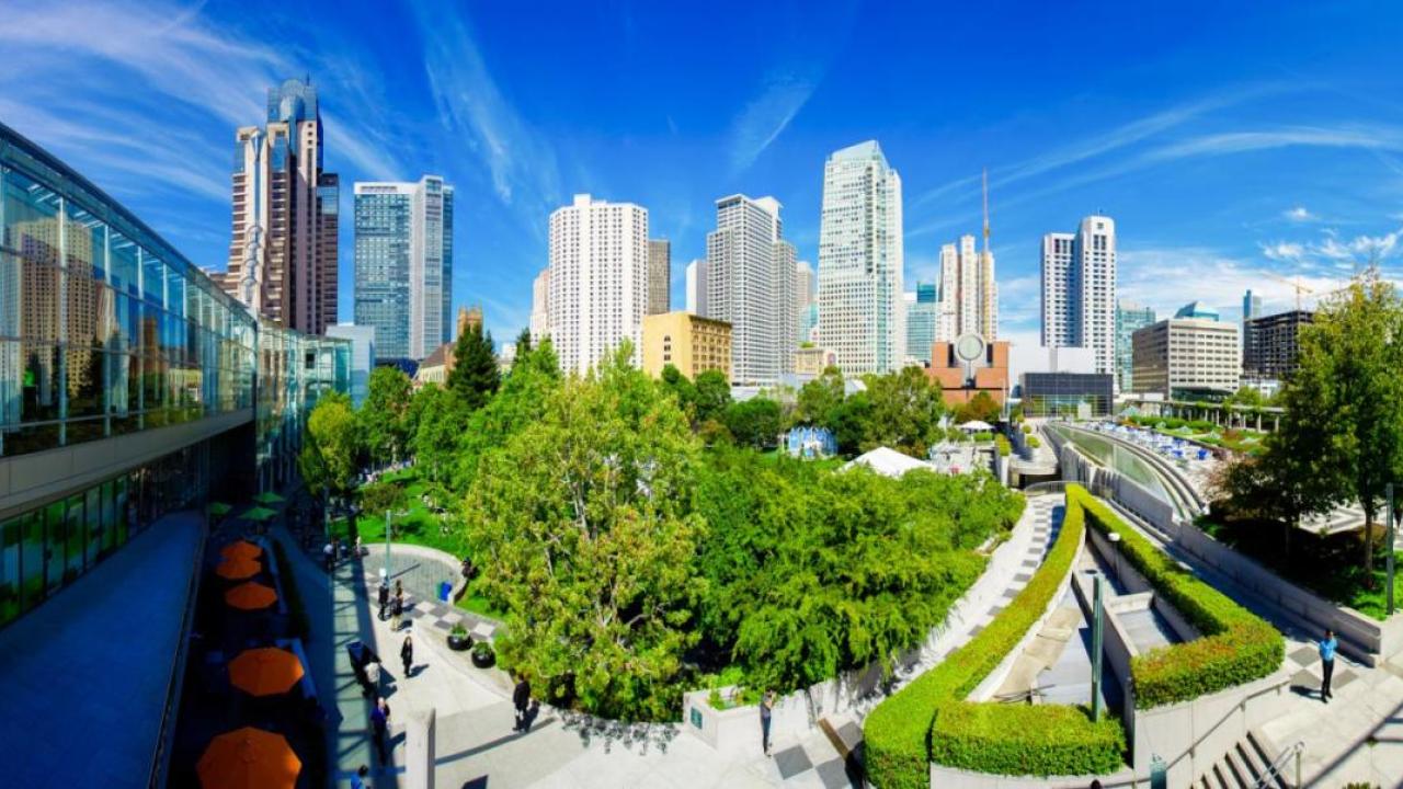 City skyline above a green park