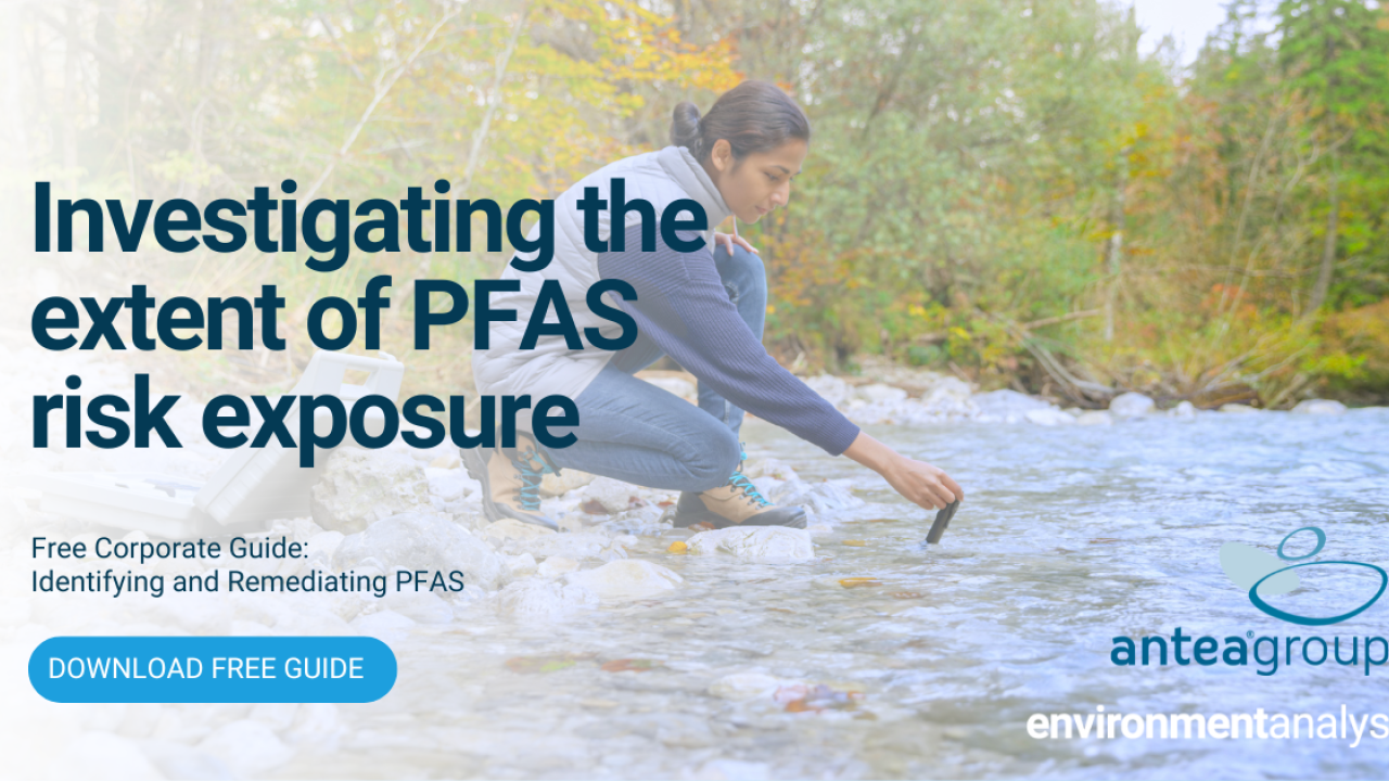 Banner with text "Investigating the extent of PFAS risk exposure." In the background is a photo of someone collecting a water sample from a body of water
