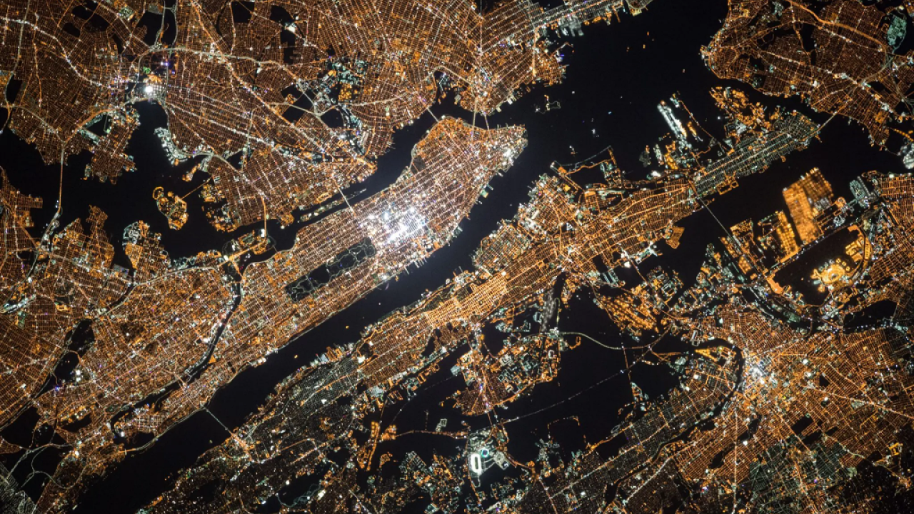 Aerial view of Manhattan at night